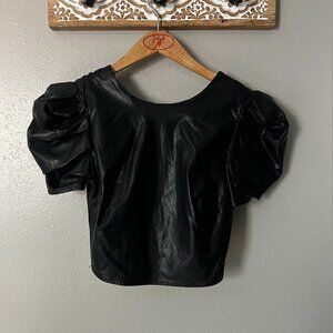 TCEC - Faux Leather Black Blouse with Juliet Sleeve